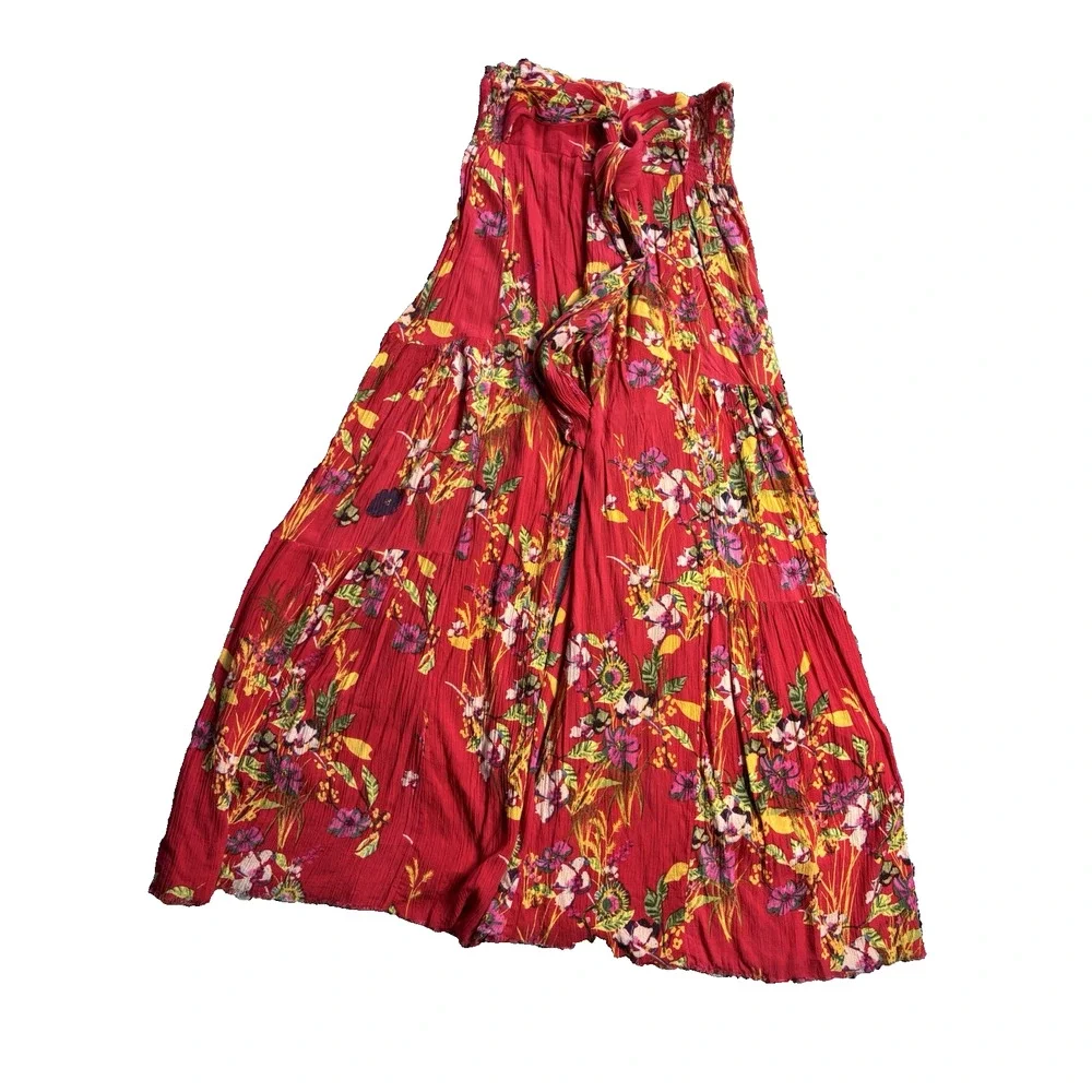 Free People One Pants L Red Aloha Floral Tie Waist Wide Leg Boho Resort Vacation